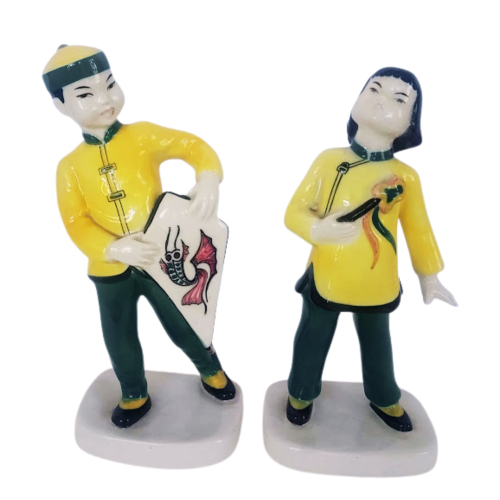 Goldcrest Ceramics Chinese Figurine Pair Boy Girl Signed H Linddoff Vintage MCM